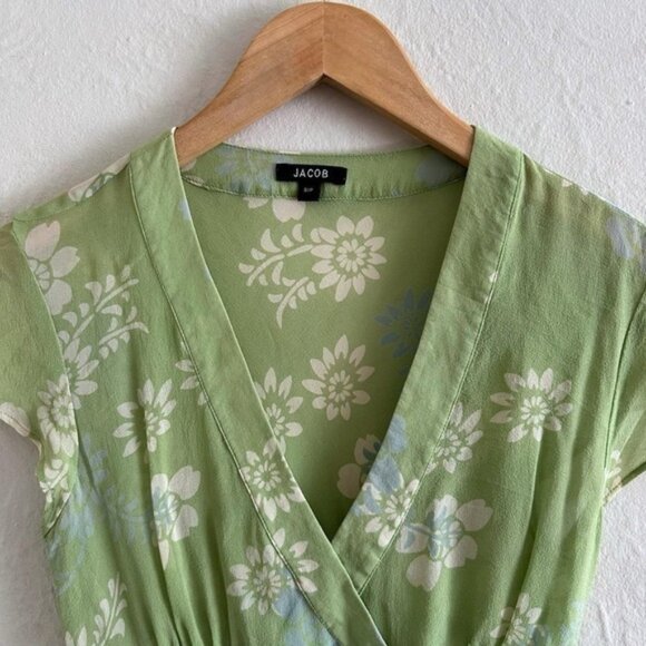 Y2K  Green Floral Silk V-Neck Blouse Top Size S - Picture 2 of 4